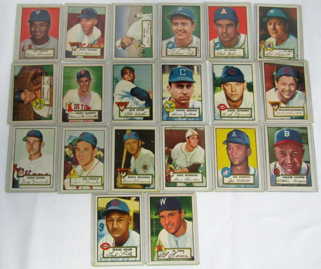 (20) 1952 TOPPS BASEBALL CARDS - ALL DIFFERENT: INCLUDES #3 HANK THOMPSON, #, #34, #41, #57 LOPAT, #93, #114, #117, #119, #127, #156, #157, #169, #176, #199, #220, #224, #229, #290 #294 - NICE OVERALL EX, SOME EM, FEW VGEX -CLEAN LOT of 1952 TOPPS 