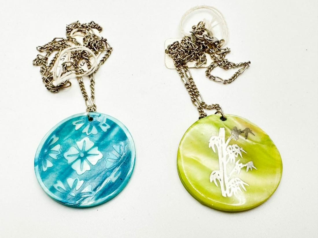 BAMBOO & FLOWER DESIGN NECKLACES: (2) NECKLACES, SHELL ?