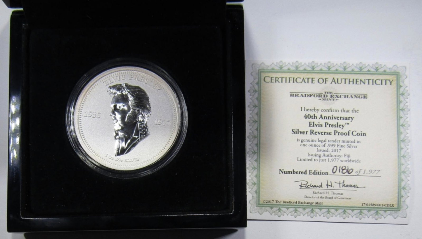 2017 FIJI $1 ELVIS PRESLEY 1oz SILVER: 40TH ANNIVERSARY REVERSE PROOF .999 SILVER COIN. IN CASE W/ COA.