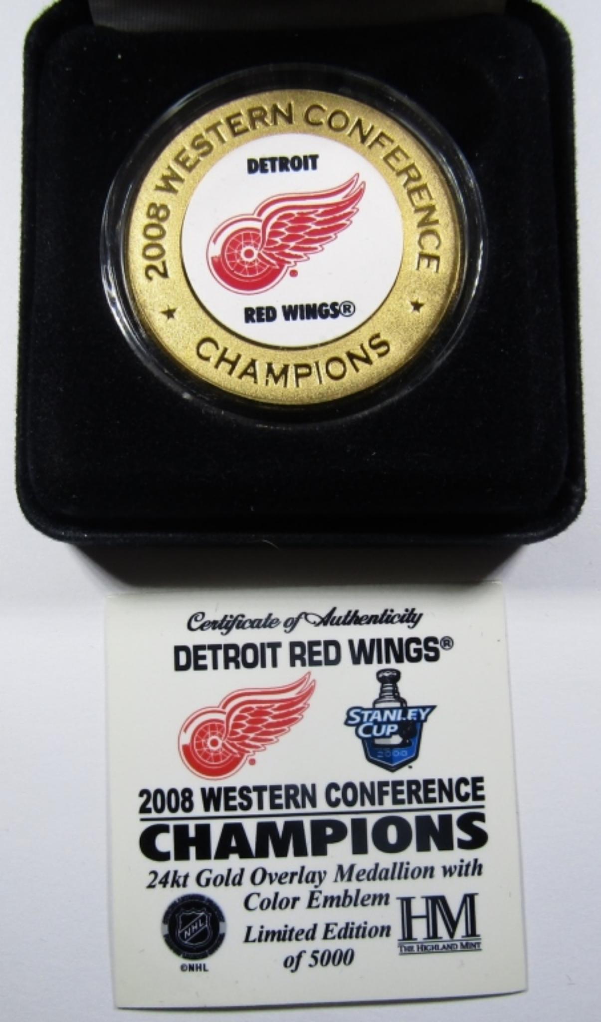 2008 DETROIT RED WINGS CHAMPIONS MEDAL: 24k GOLD OVERLAY CLAD MEDALLION WITH COLOR EMBLEM. STANLEY CUP WESTERN CONFERENCE CHAMPIONS, W/ VELVET CASE & COA. THE HIGHLAND MINT.