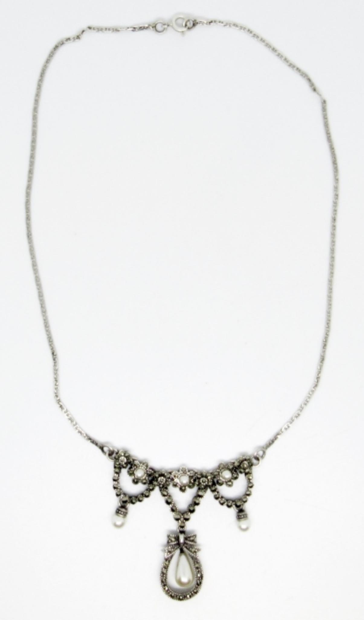 MARCASITE 925 NECKLACE w/FAUX PEARLS: 16" - STUNNING PIECE ( 8 DWT)