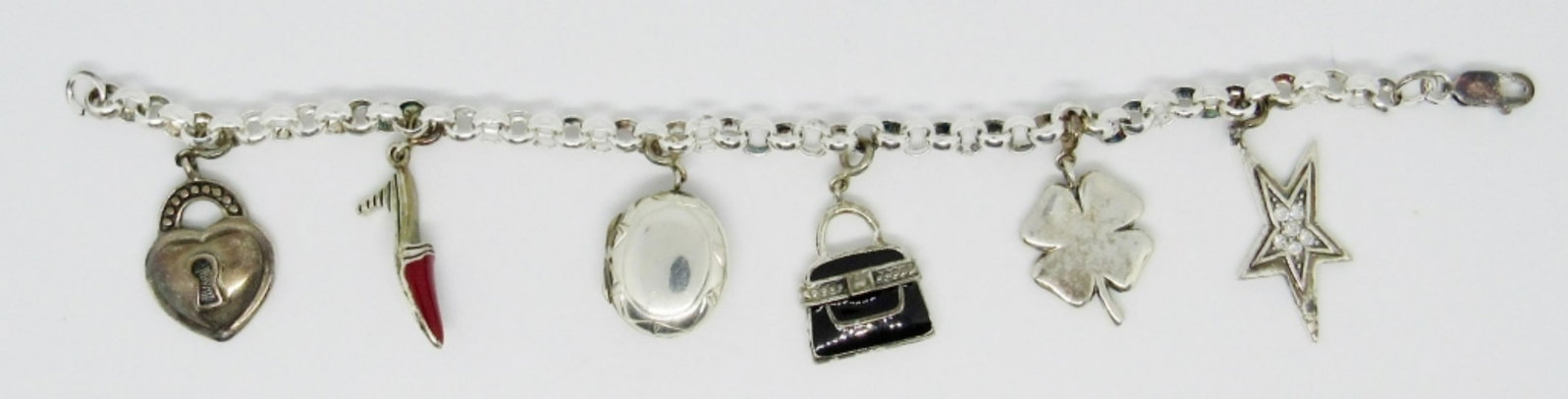 925A CHARM BRACELET w/6 CHARMS: ROLO STYLE BRACELET 7" (20 DWT)