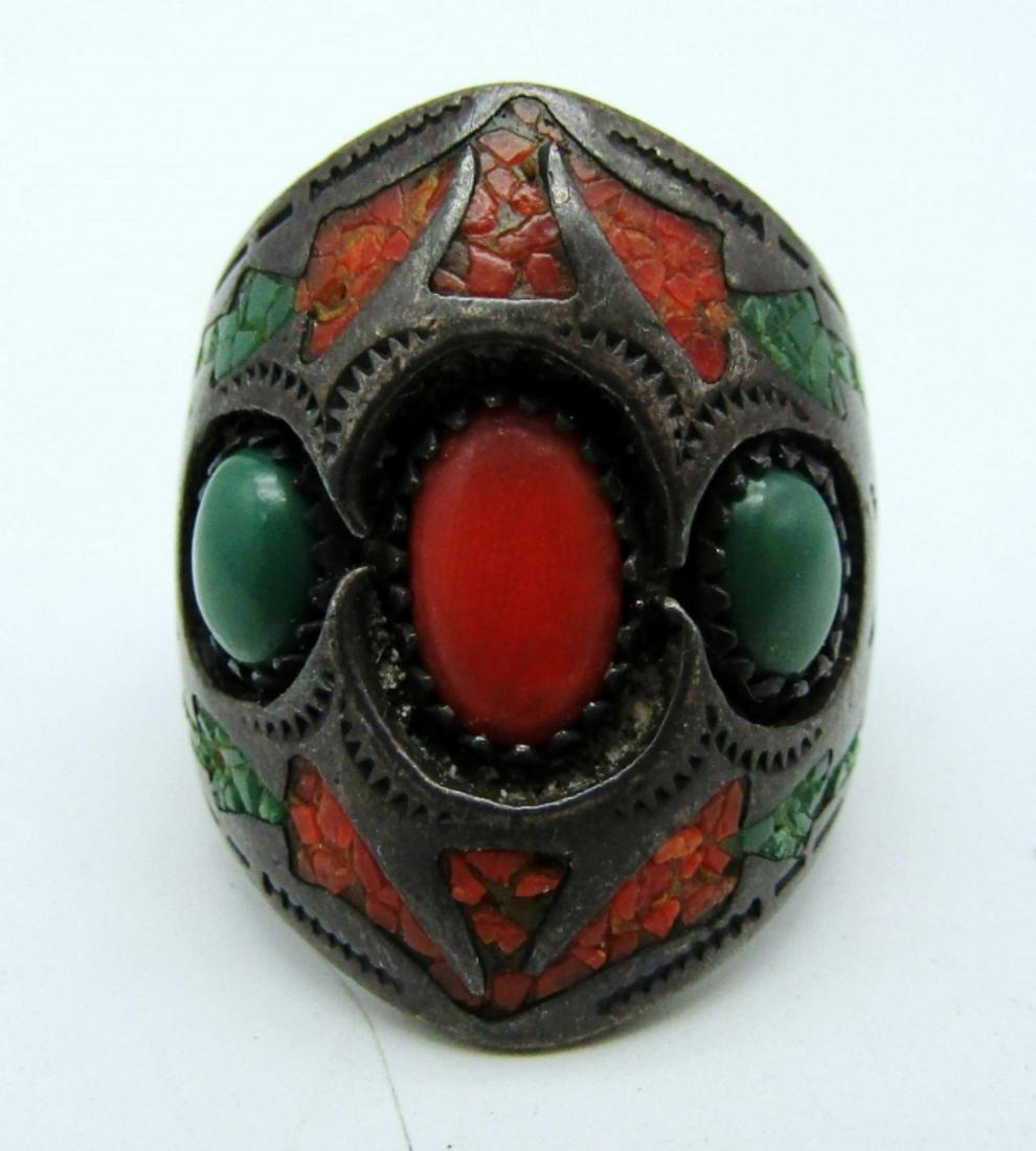 Navajo Coral & Jade Sterling Ring (1 of 6)