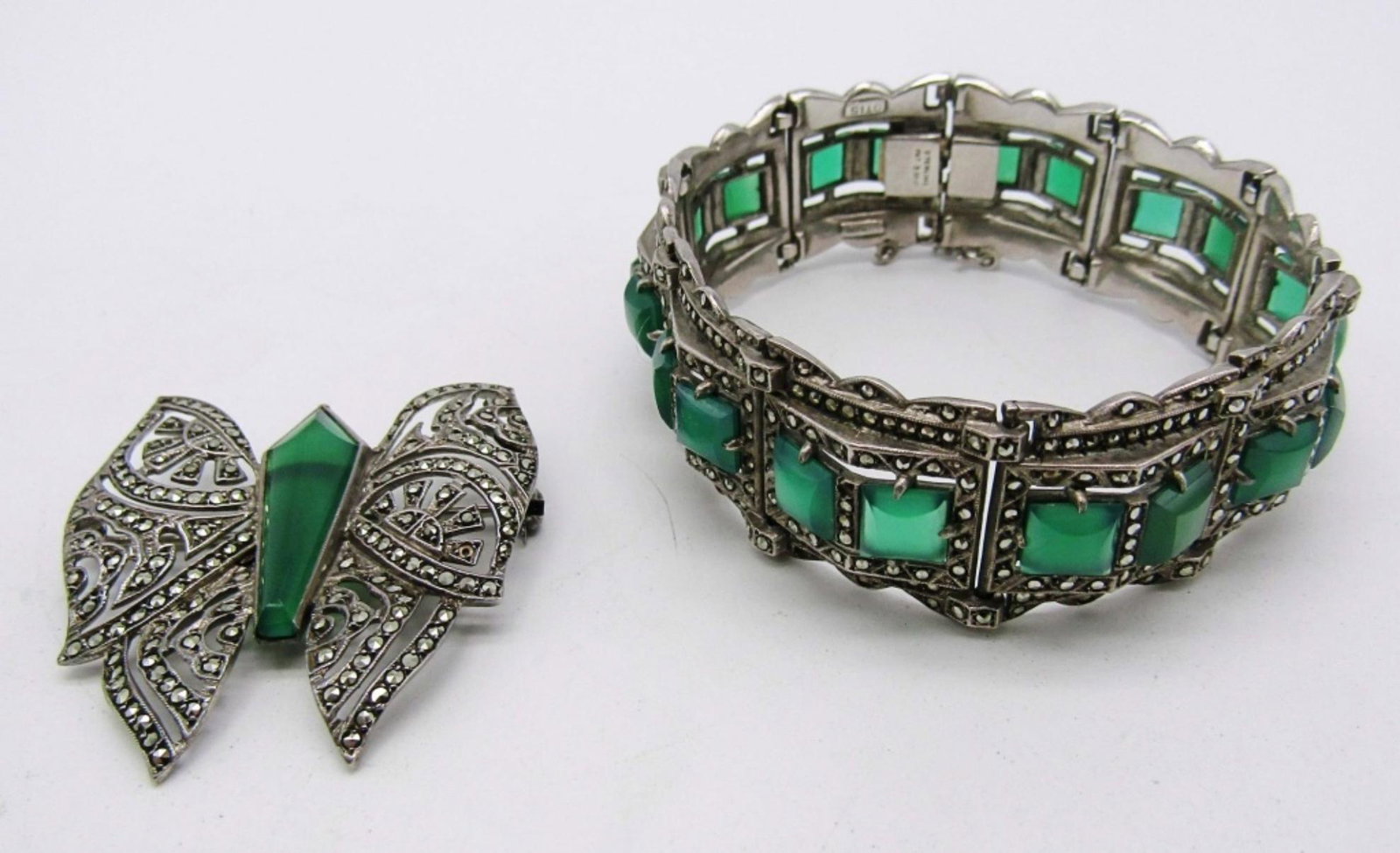 Otis Jade & Marcasite 925 Brooch & Bracelet: 29.7dwt, Both had jade and marcasite stones all over, stamped by maker OTIS and Sterling
