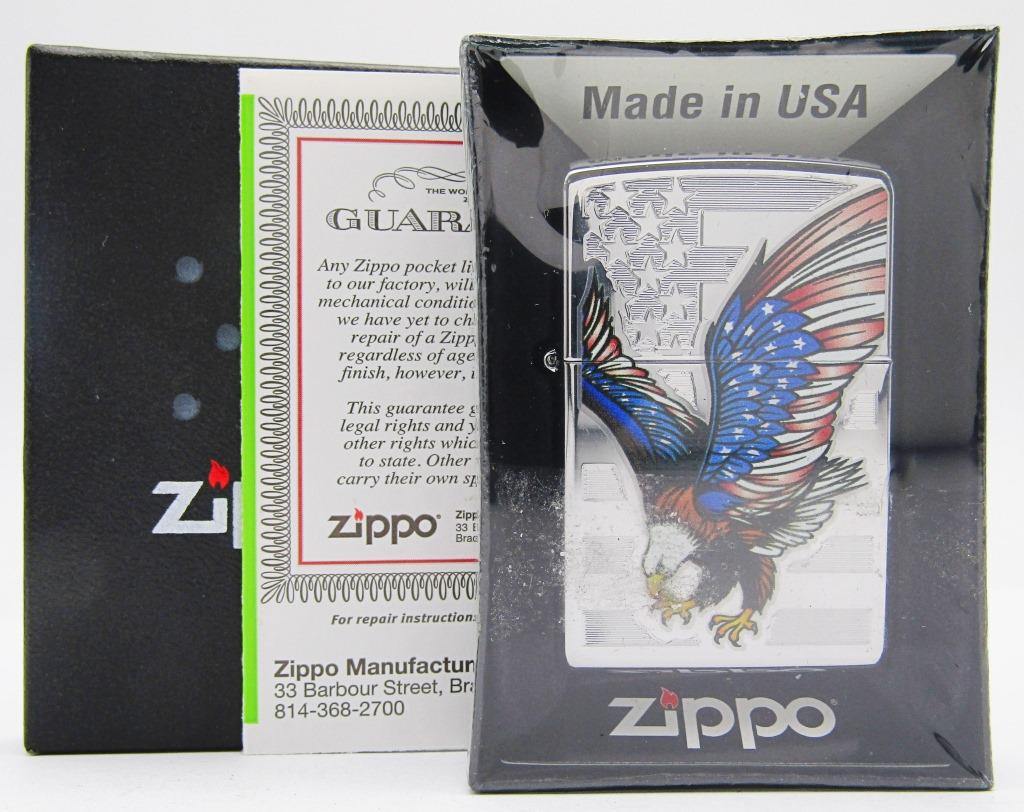 2013 Zippo Eagle With Flag High Polished Chrome: Lighter, Sealed and New In Box!