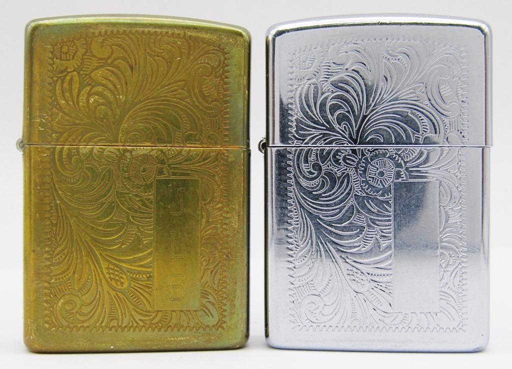 1994 & 1995 Zippo Venetian Lighters, One Brass!: Brass Lighter Engraved with "JLS"; Both Used Conditions!