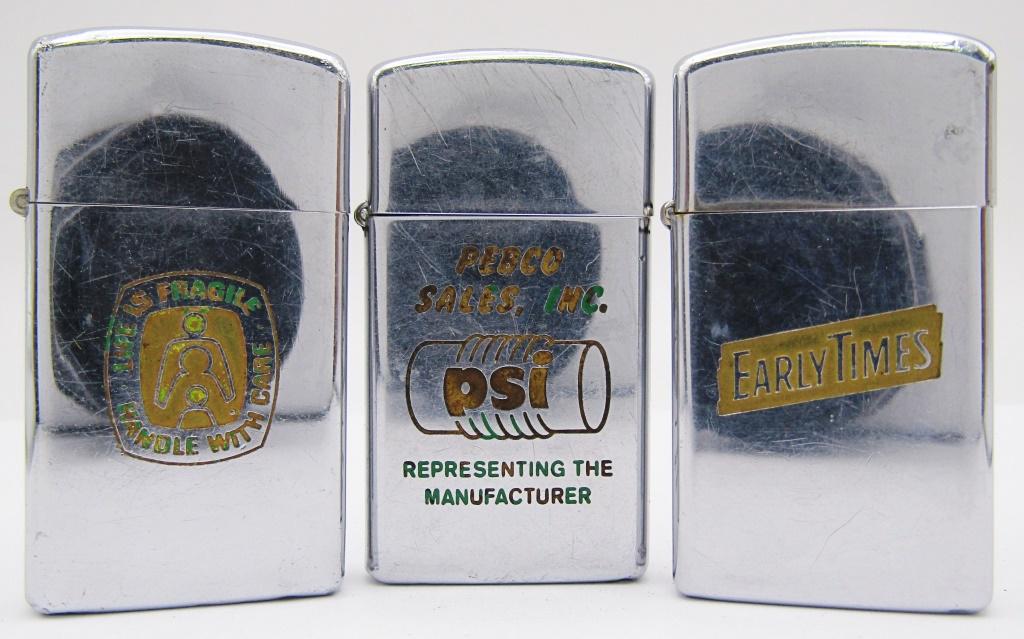 (3) Slim Advertising Zippo Lighters; 1974, 1975, (1 of 4)