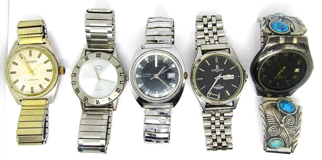 (5) MENS FASHION WRIST WATCHES: KRONOTRON running, TIMEX DATE, (3) QUARTZ