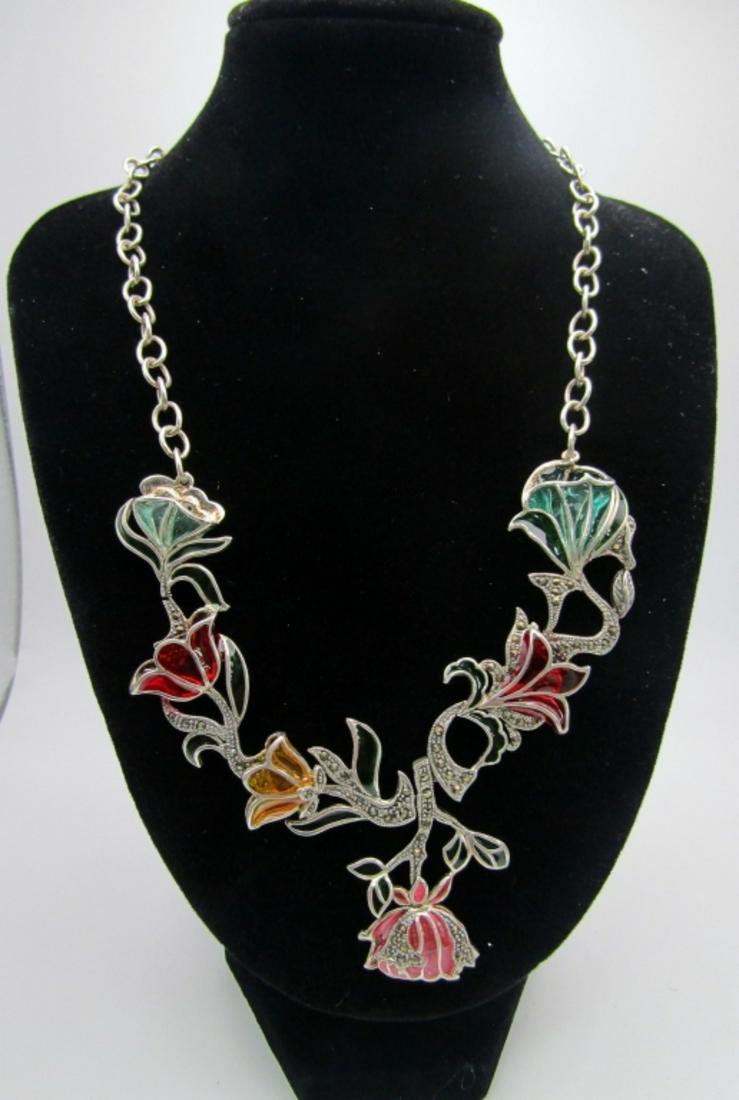 STAIN GLASS & MARCASITE STERLING NECKLACE: 20" LONG - UNIQUE PIECE (17 DWT)