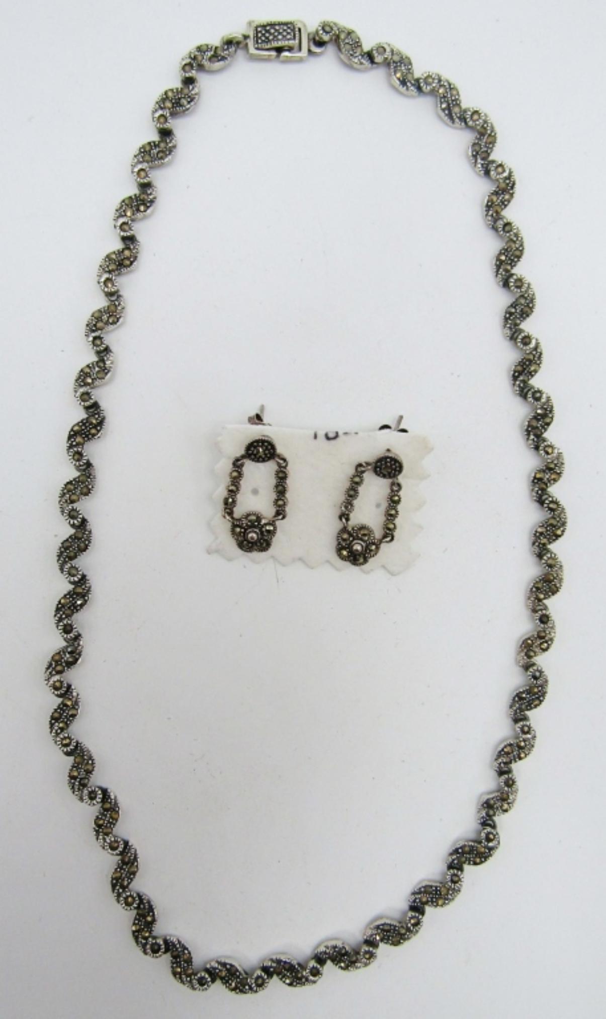 MARCASITE & STERLING JEWELRY SET: 16" SCROLL NECKLACE & PIERCED EARRING SET (15 DWT)