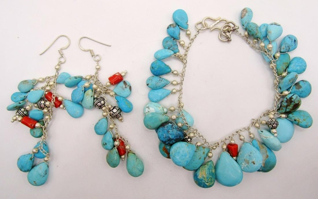 SET! SOUTHWESTERN STERLING BRACELET WITH: TURQUOISE BEAD CHARMS & RED CORAL ACCENTS WITH MATCHING PAIR OF PIERCED DANGLY EARRINGS-BRACELET MEASURES 8.5 INCHES