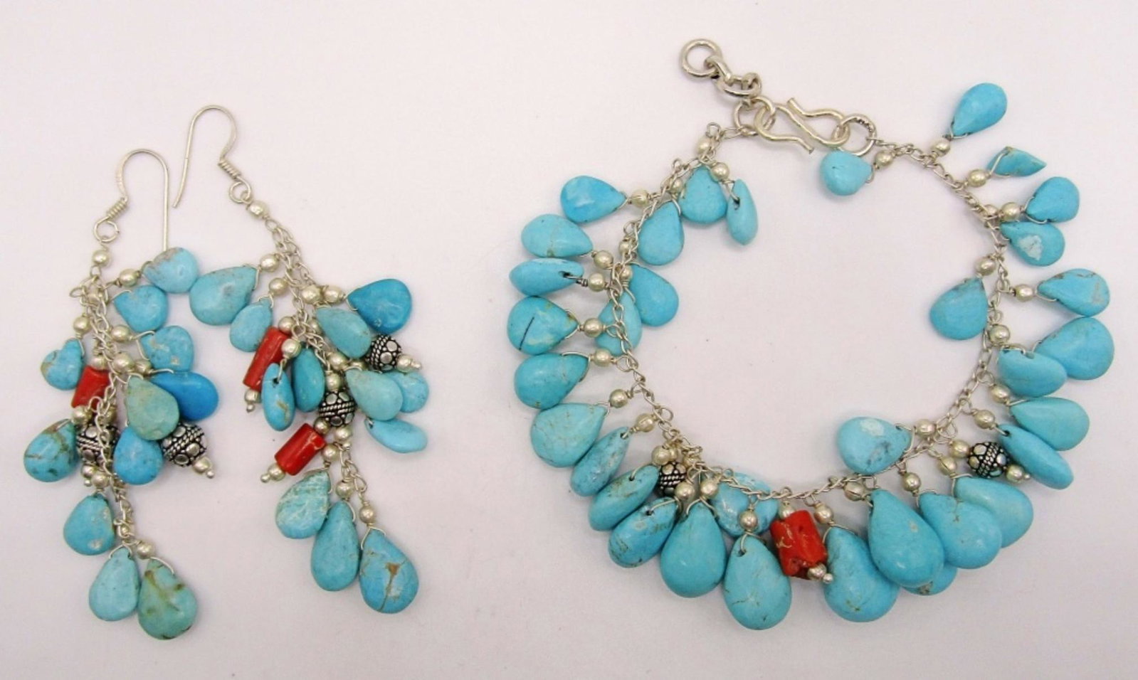 SET! SOUTHWESTERN STERLING BRACELET WITH: TURQUOISE BEAD CHARMS & RED CORAL ACCENTS WITH MATCHING PAIR OF PIERCED DANGLY EARRINGS-BRACELET MEASURES 8.5 INCHES