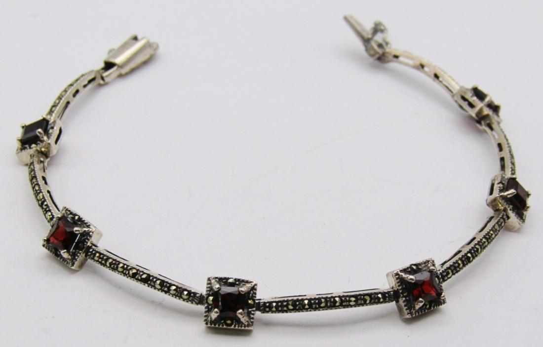 GARNET & MARCASITE STERLING BRACELET: SAFETY LATCH NEEDS REPAIRED (6 DWT)