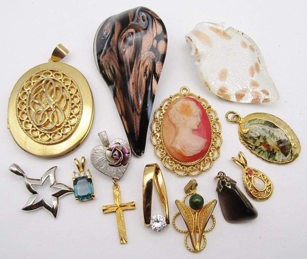 PENDANT LOT- 2 GLASS, OSME VINTAGE, LOCKET & MORE: 13 PENDADNTS TOTAL