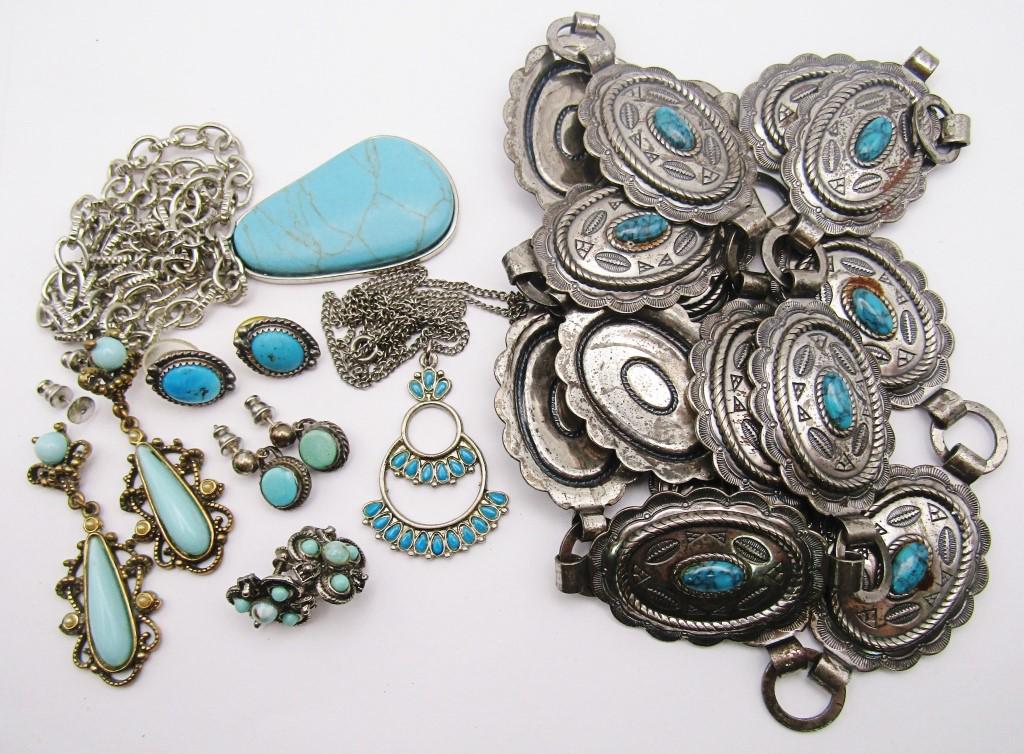 SOUTHWEST STYLE LOT- 2 NECKLACES,: 4 PAIR OF CLIPON OR SCREW BACK EARRINGS AND A BELT