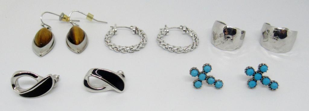 4 PAIR EARRINGS- ALL ARE POST: ONE TRIFARI. ONE WITH TIGEREYE STONES