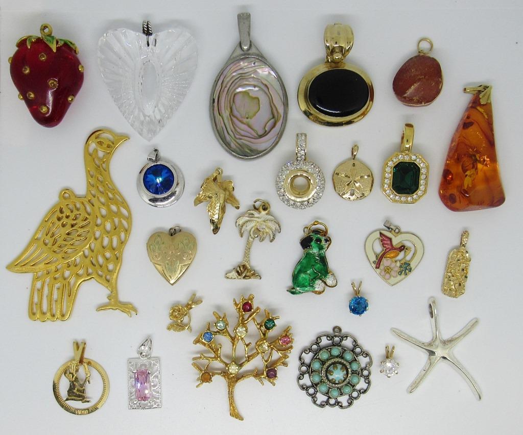 LARGE PENDANT LOT- SOME BIG SOME SMALL: ALL DIFFERENT! 25 PIECES; FAMILY TREE, LOCKET, GEMS, PALM TREE, AND MORE!