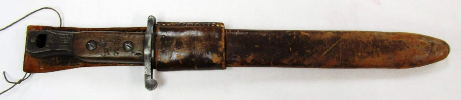 WWI Ross Rifle Quebec Patented 1907 Bayonet: Military Bayonet With Brown Leather Sheath; Blade Measures 10 1/16"; Overall Bayonet Measures 14 3/4"
