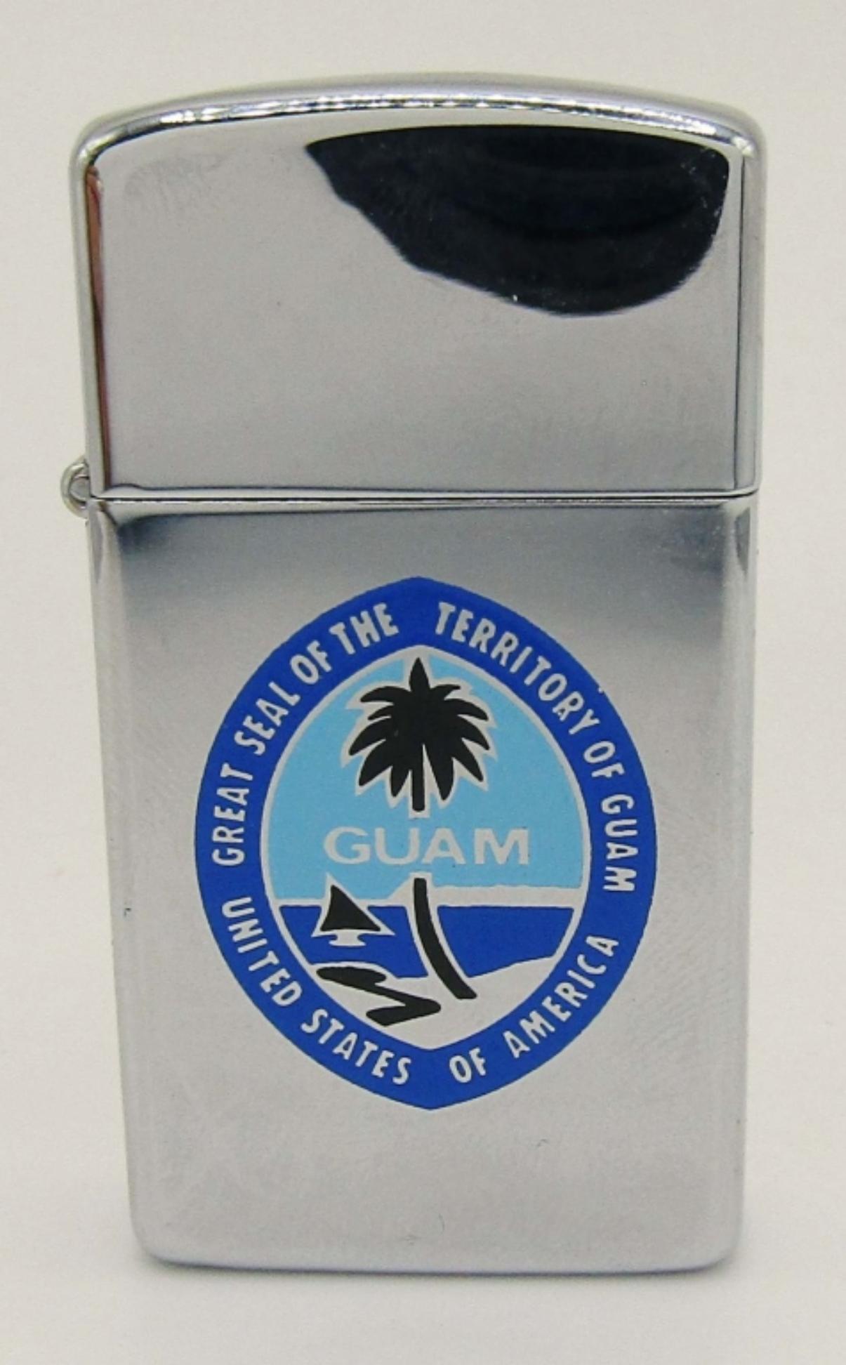 1998 Territory of Guam Slim Zippo Lighter: Chrome Finish; Used Condition.