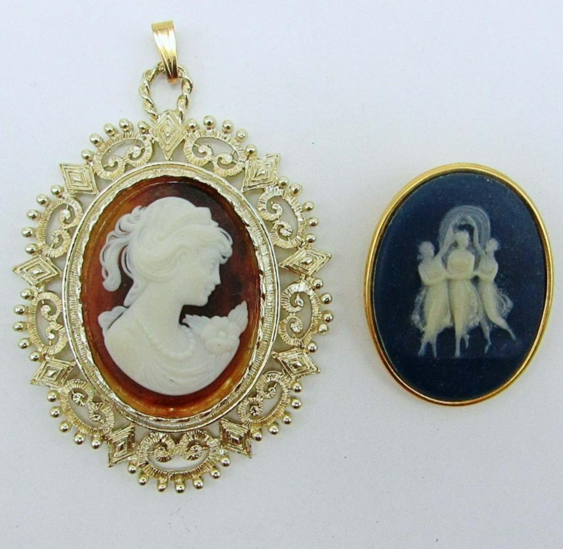 2 CAMEO PENDANTS: THE BLUE BACKGROUND IS 2IN IN LENGTH, ALSO A PIN, AND PENDANT IS OVER 3IN