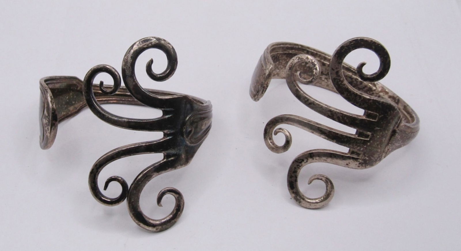 LOT OF 2 ANTIQUE SILVER FORK BRACELETS, CUFF STYLE (1 of 10)