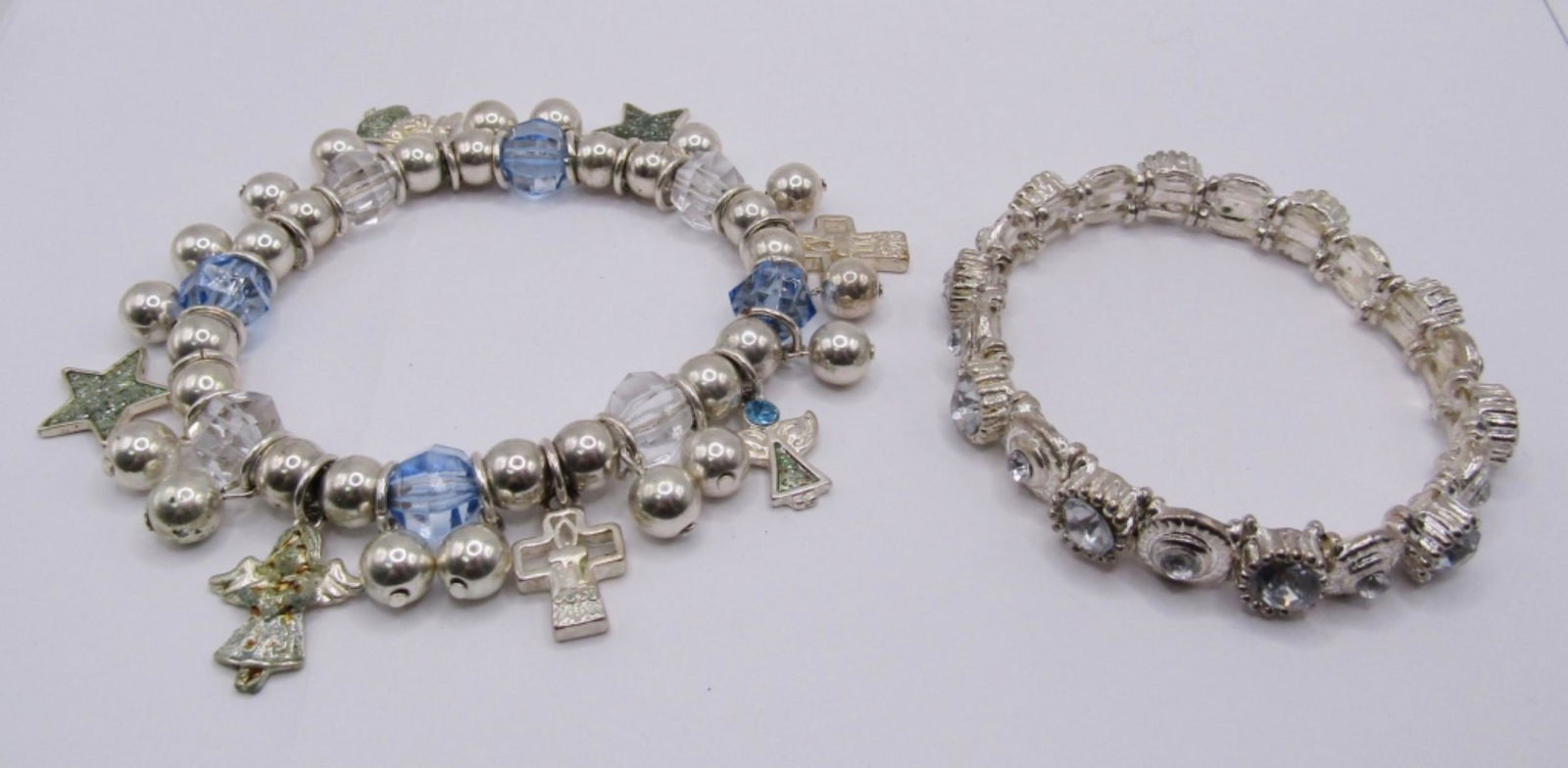 SET OF 2 BRACELETS, SILVER TONE, BEADED WITH CHARM (1 of 5)