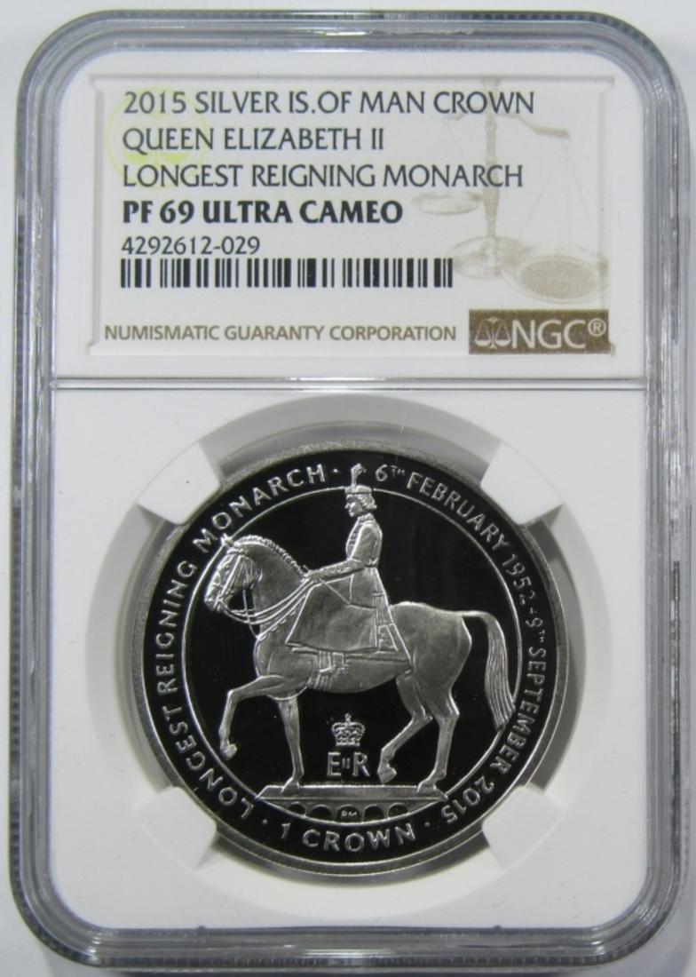 2015 ISLE OF MAN CROWN NGC PF-69 UC: 28.28 GRAMS .925 SILVER QUEEN ELIZABETH II LONGEST REIGNING MONARCH. IN DISPLAY BOX WITH COA.