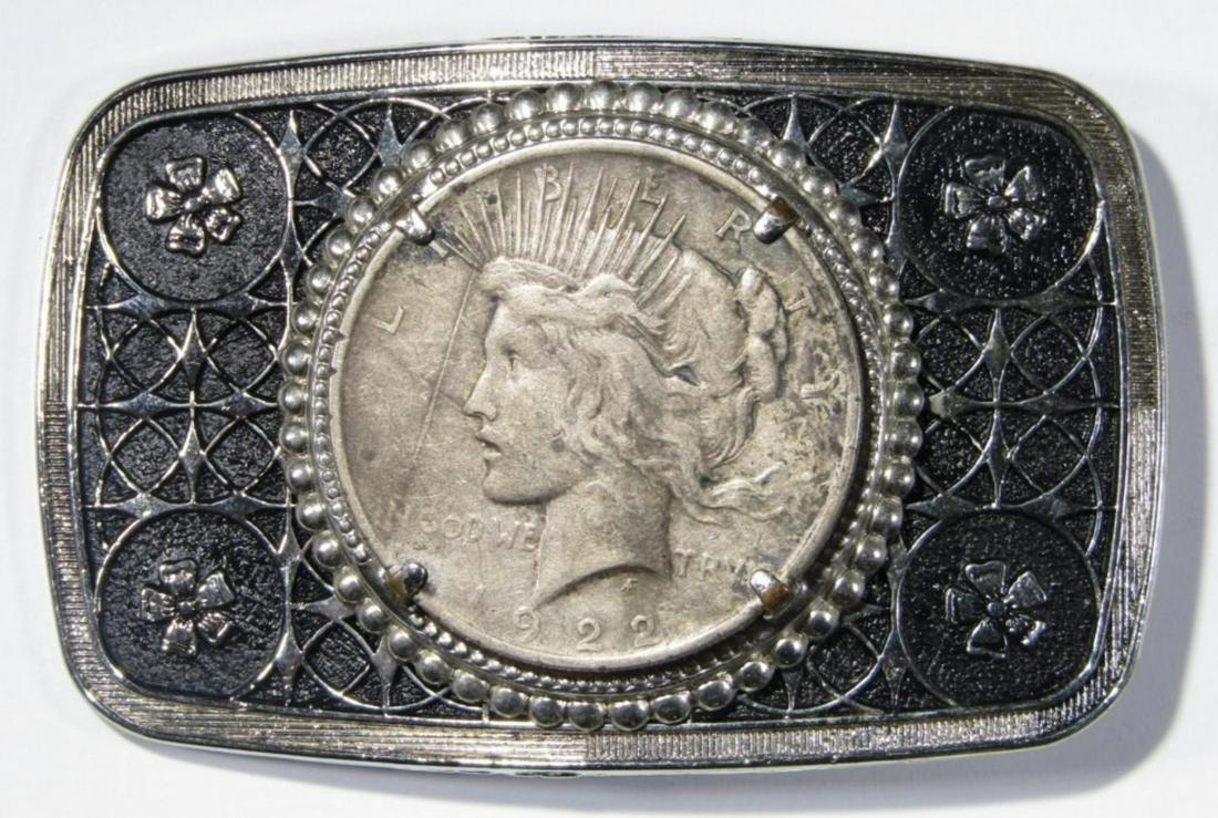 1922 PEACE DOLLAR BELT BUCKLE: FLOWER DESIGN BUCKLE: 2X3 INCHES