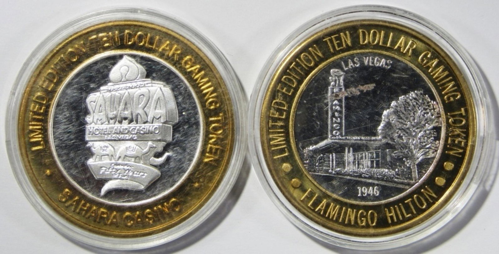 2- $10 GAMING CASINO TOKENS SILVER .999: SAHARA & FLAMINGO HILTON