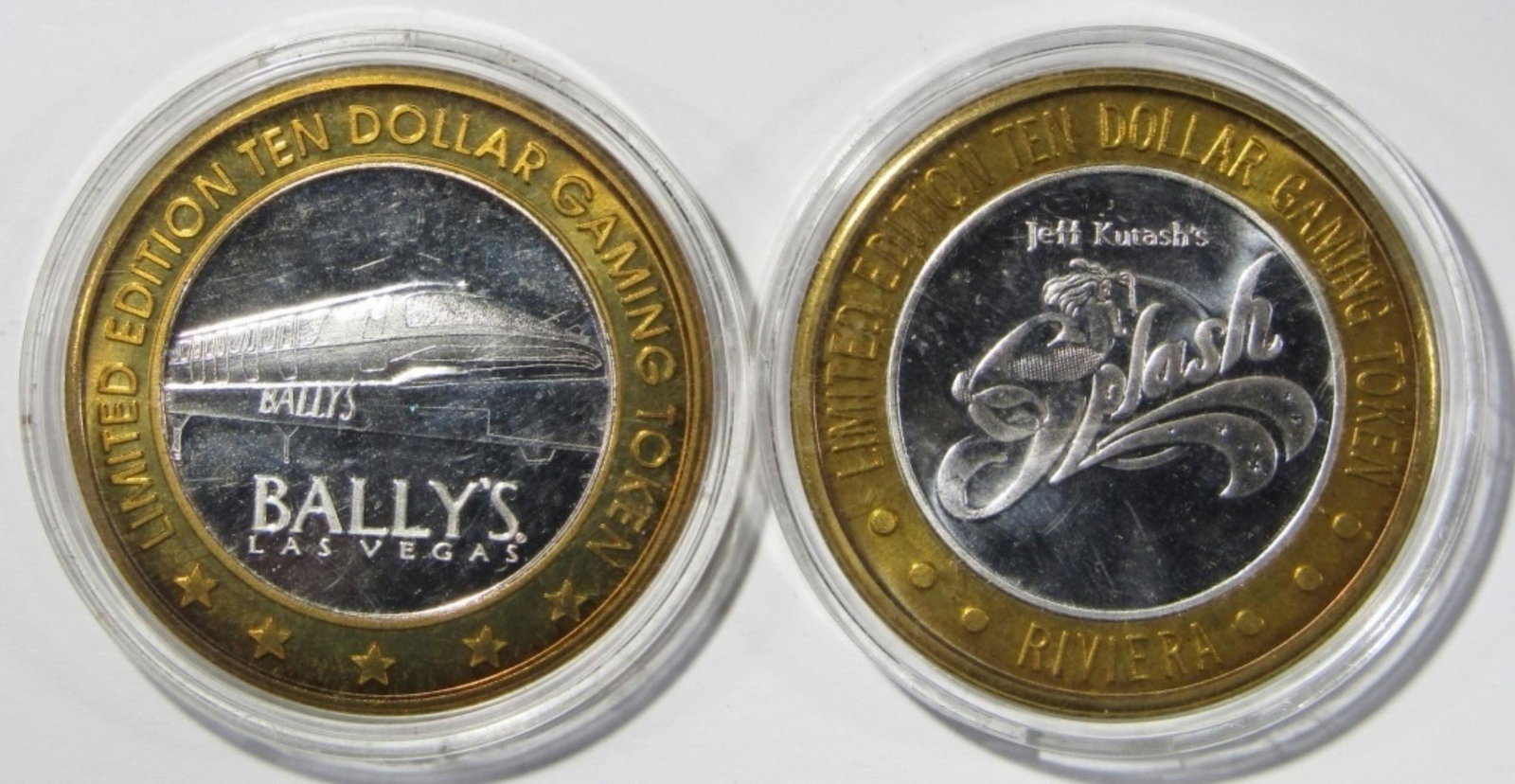 2- $10 GAMING CASINO TOKENS SILVER .999: RIVIERA & BALLY'S LAS VEGAS