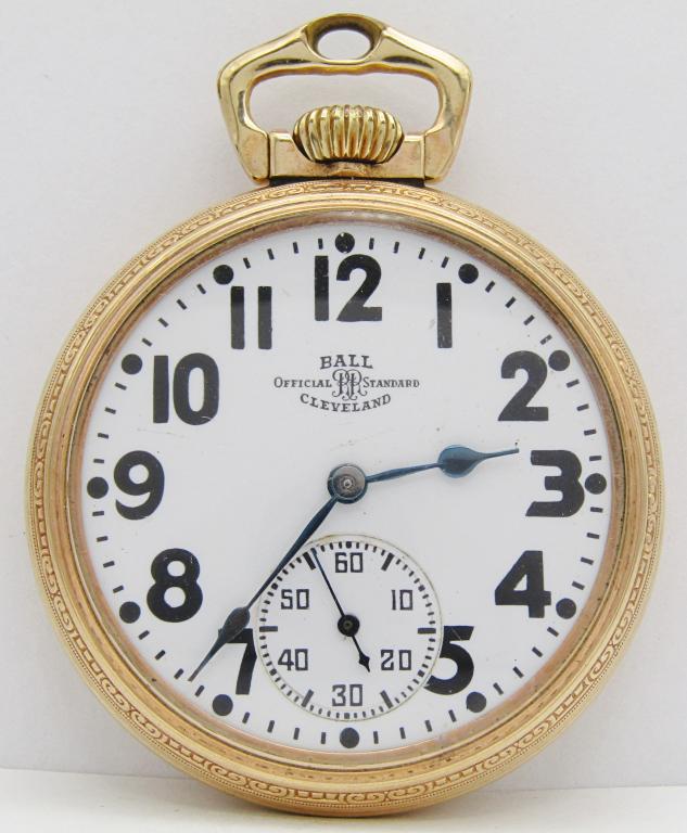 Ball - Hamilton 999; 21 Jewel, 16 Size: Single Sunk Porcelain Dial, Ball Marked Yellow Gold Filled Screwback Case with Fancy Back and Stirrup Bow