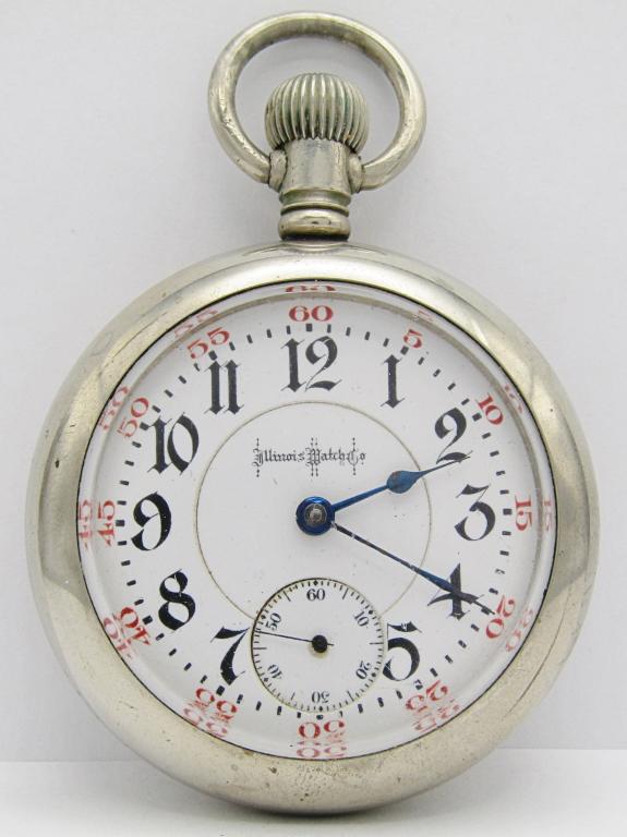 Illinois Bunn Special 21 Jewel, 18 Size: Double Sunk Gothic Porcelain Dial; Silveroid Screwback Case with Locomotive Engraving
