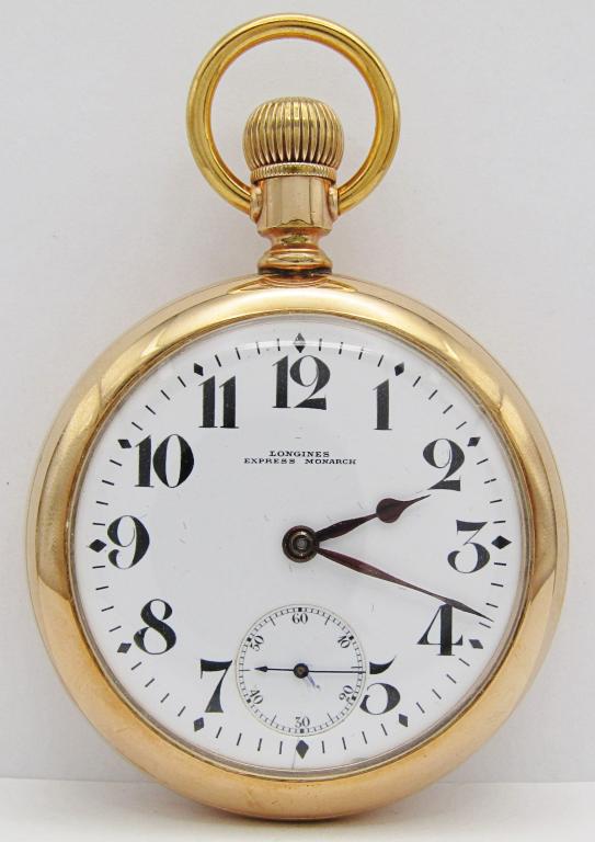 Longines Express Monarch 21 Jewel, 18 Size: Single Sunk Porcelain Dial; Yellow Gold Filled Swing-out Case