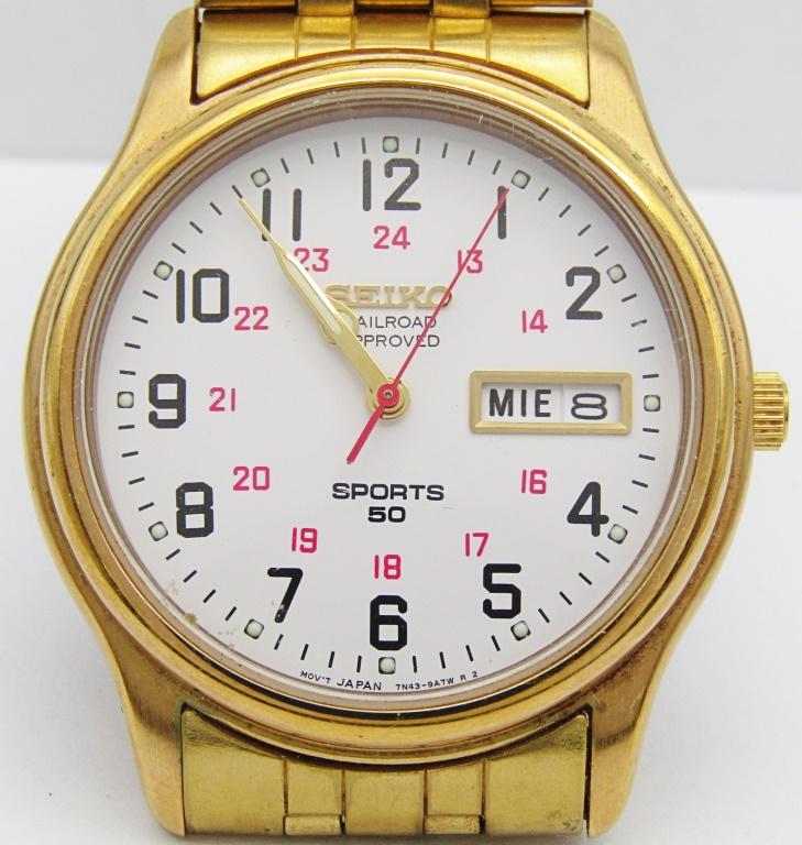GENTS Seiko Railroad Approved Wrist: Original White Dial with Red 24-Hour Markers Quartz Movement with Fresh Battery; Yellow Gold Plated Case and Bracelet