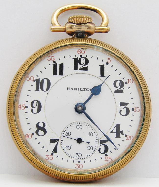Hamilton 996, 19 Jewel, 16 Size: Double Sunk Porcelain Dial; Yellow Gold Filled Screwback Case