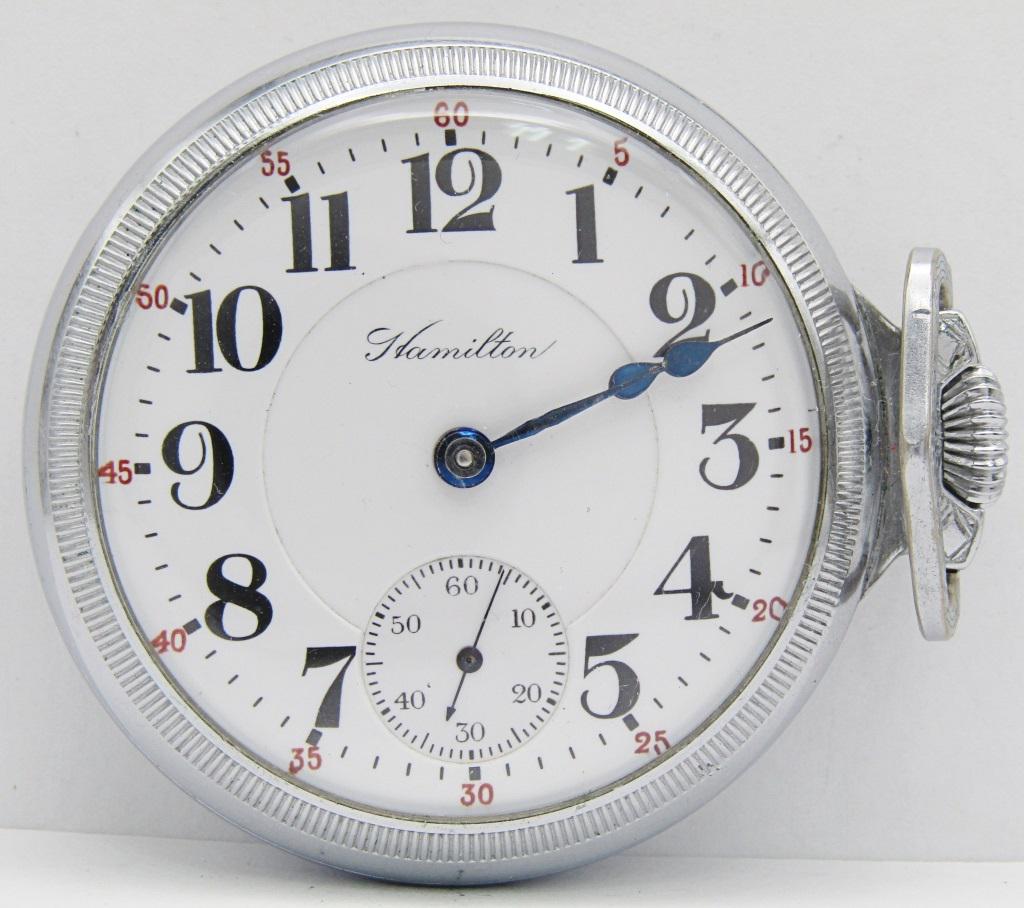 Hamilton 941; 21 Jewel, 18 Size: Double Sunk Porcelain Dial; Base Metal Screwback Case with Locomotive Engraving