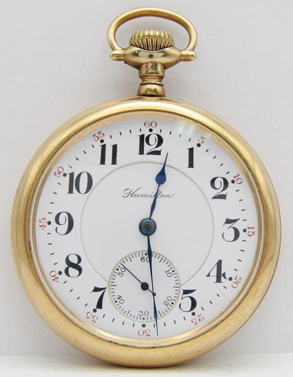 Hamilton 970; 21 Jewel, 16 Size: Porcelain Double Sunk Dial; Gold Filled Screwback Case