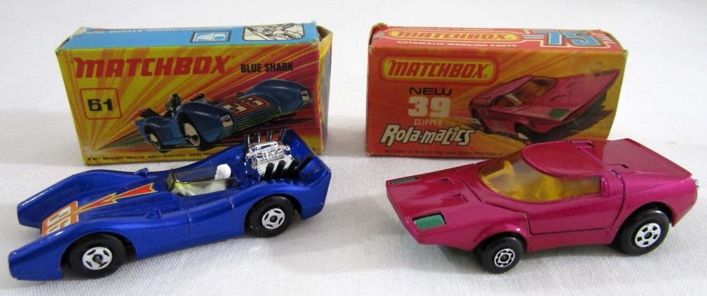 2 MATCHBOX LESNEY CARS 1971 & 1974: 1971- #61 BLUE SHARK, 1974- #39 CLIPPER ROLA-MATICS,SOME WEARING ON THE BOXES