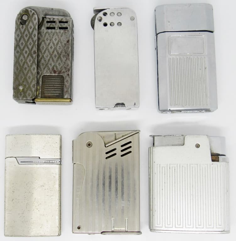 LOT OF 6 VINTAGE LIGHTERS VARIOUS BRANDS: INCLUDING REGENS SIDE SQUEEZE, RONSON JET LITE, RONSON VARAFLAME STANDARD, USED CONDITION