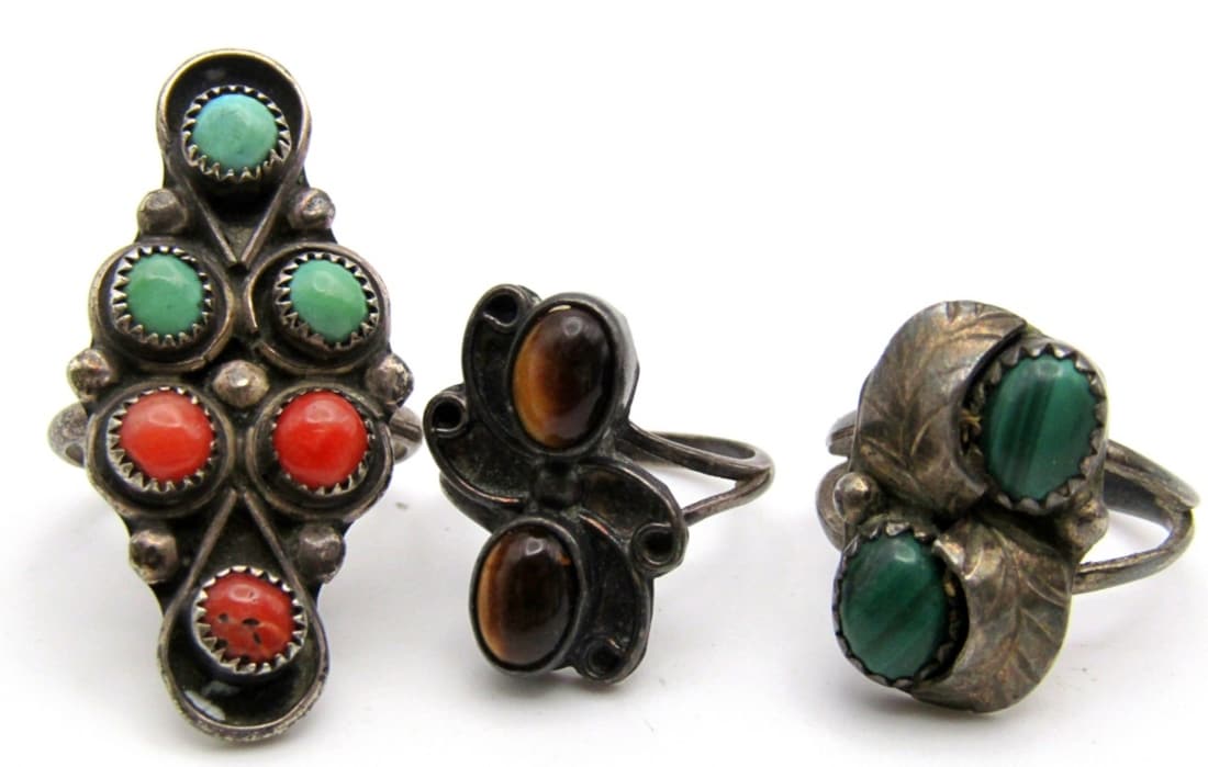 (3) SOUTHWEST STERLING RINGS w/NATURAL STONES: SIZES 5-7