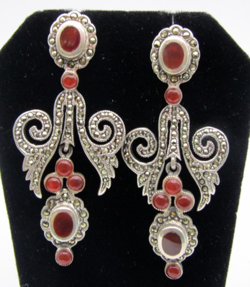 925 TH SIGNED NAVAJO MARCASITE EARRINGS: with NATURAL STONE 2 1/4" LONG - NICE (12 DWT)