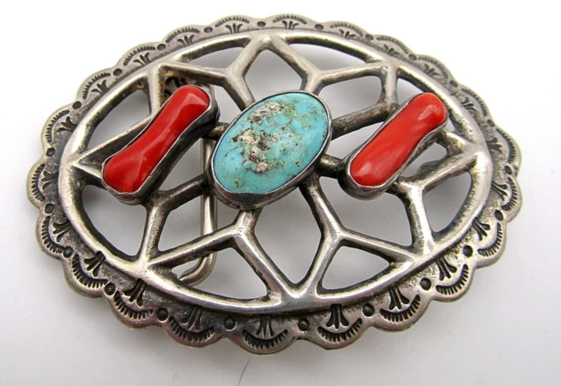 SOUTHWEST STERLING BELT BUCKLE w/CORAL: TURQUOISE 3 1/4" x 2 1/4" (26 DWT)