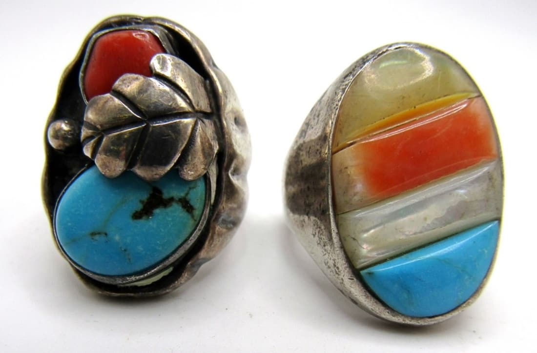 (2) SOUTHWEST STERLING RINGS w/NATURAL STONES (1 of 4)