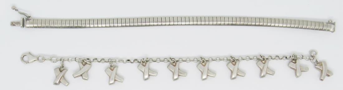 (2) STERLING BRACELETS (1) COCOON (1) ROLO: with "X" CHARMS - BOTH 7" (15DWT)