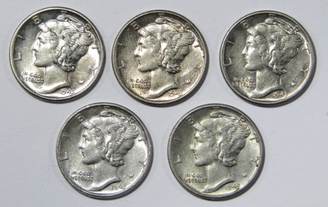 (5) 1943 MERCURY DIMES AU/BU: ONE STOP SHOP FOR ANTIQUES, COLLECTIBLES, AND COINS