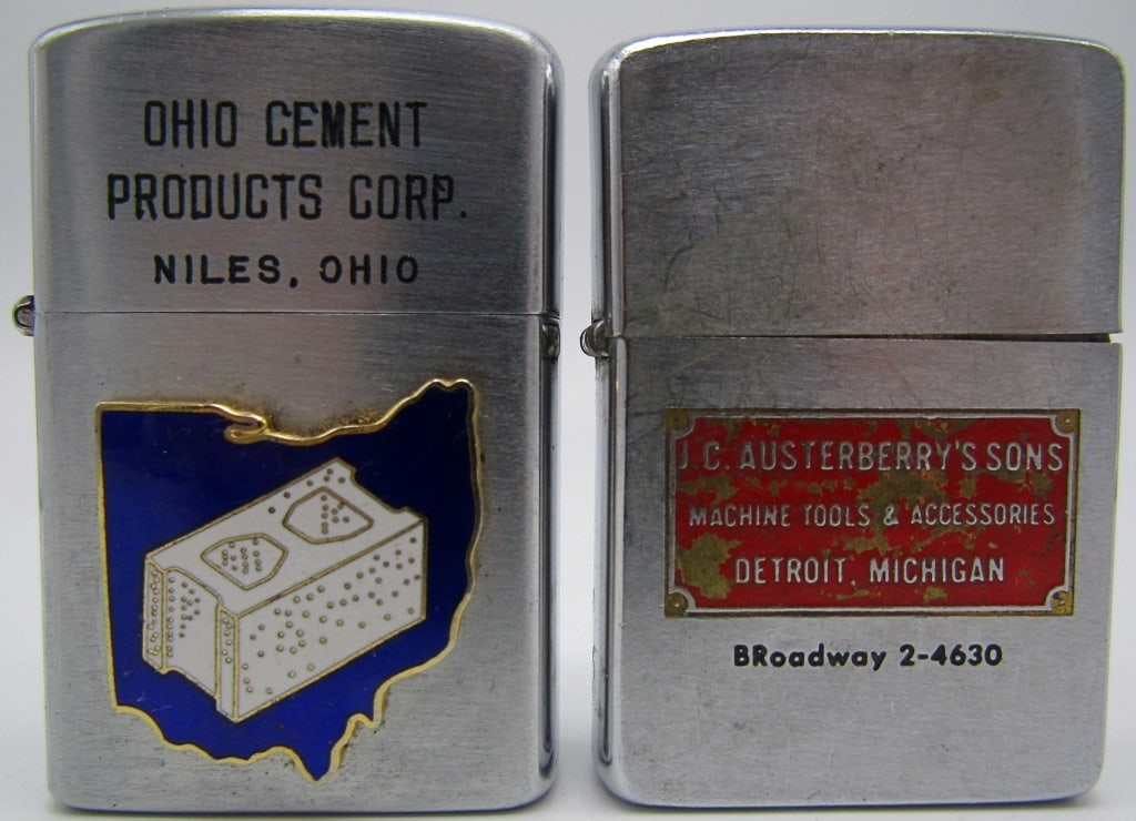 (2) ADVERTISEMENT LIGHTERS - OHIO CEMENT: NILES, OHIO UNUSED & (ZIPPO) J.C. AUSTERBERRY'S SONS DETROIT, MI - USED