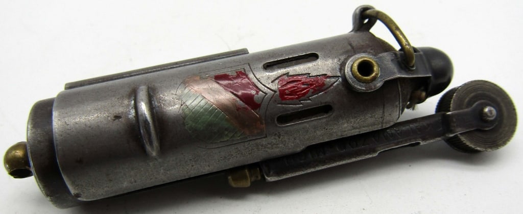 BOWERS Mfg Trench Lighter: Cigarette WWII Chrome Kalamazoo MI USA - ENAMEL EMBLEM on SIDE - UNTESTED