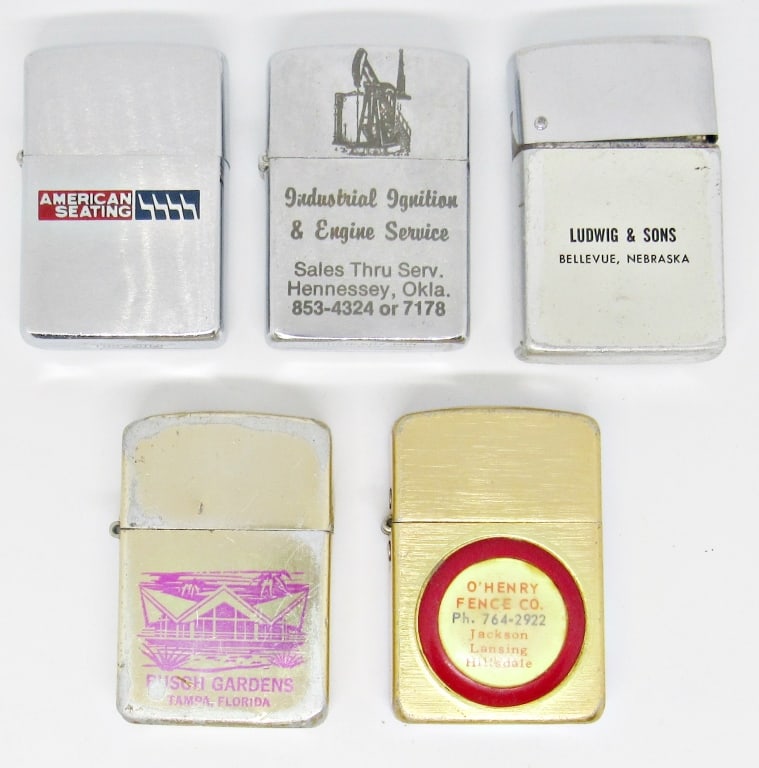 (5) VINTAGE ADVERTISING LIGHTERS: VARIOUS BRANDS -UNTESTED