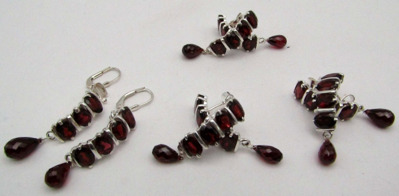 4-PAIRS OF PIERCED STERLING GARNET FASHION: EARRINGS-TOTAL 20 DWT DANGLE SET MISSING STONE FOR REPAIR