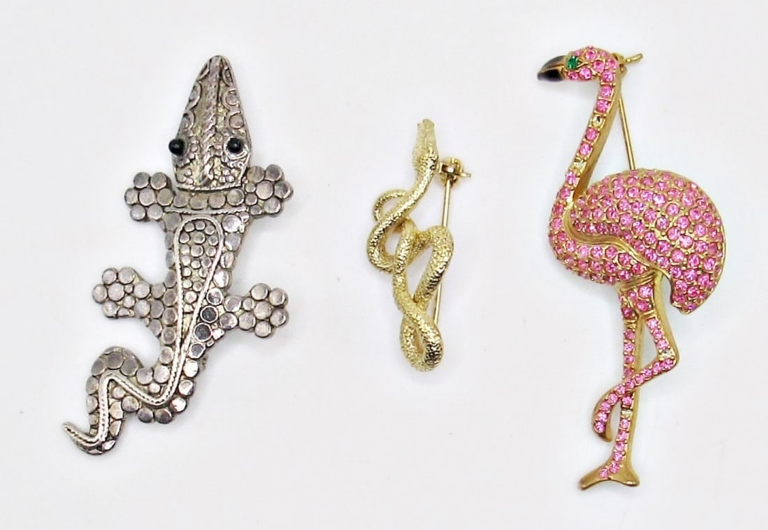PINK FLAMINGO RHINESTONE PIN / ALLIGATOR: PIN & SNAKE PIN